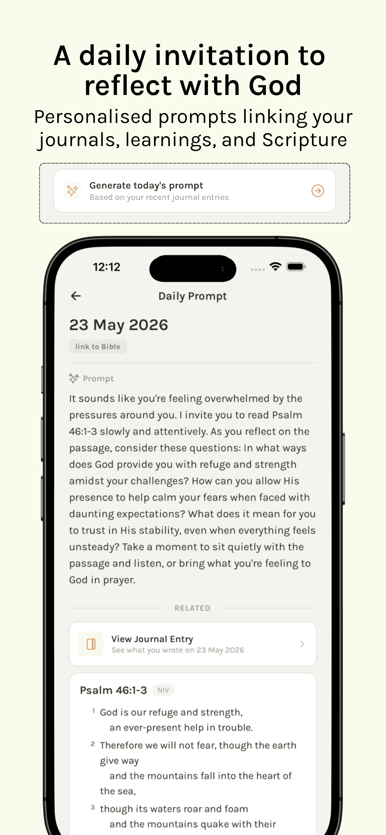 Pastures daily prompt screen connecting reflections with Scripture.
