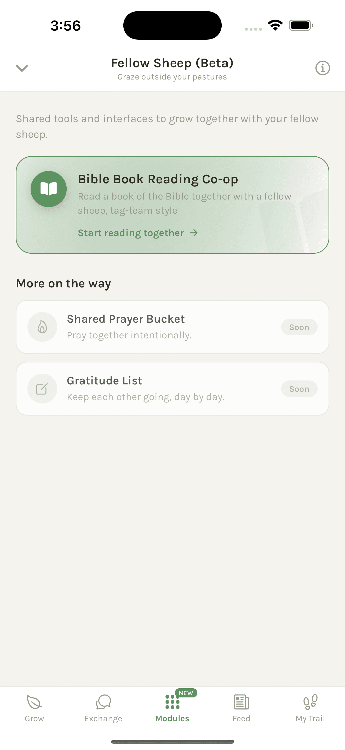 Fellow Sheep shared modules screen featuring the Bible Book Reading Co-op.