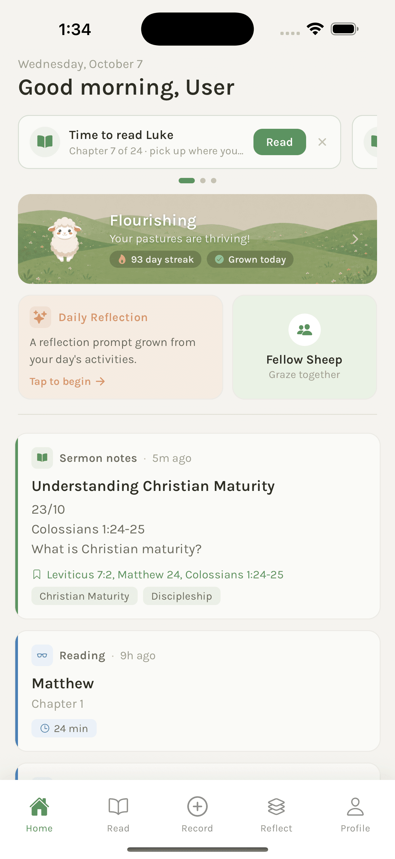 Pastures home screen showing a reading reminder, flourishing pasture, daily reflection, community, and recent activity.