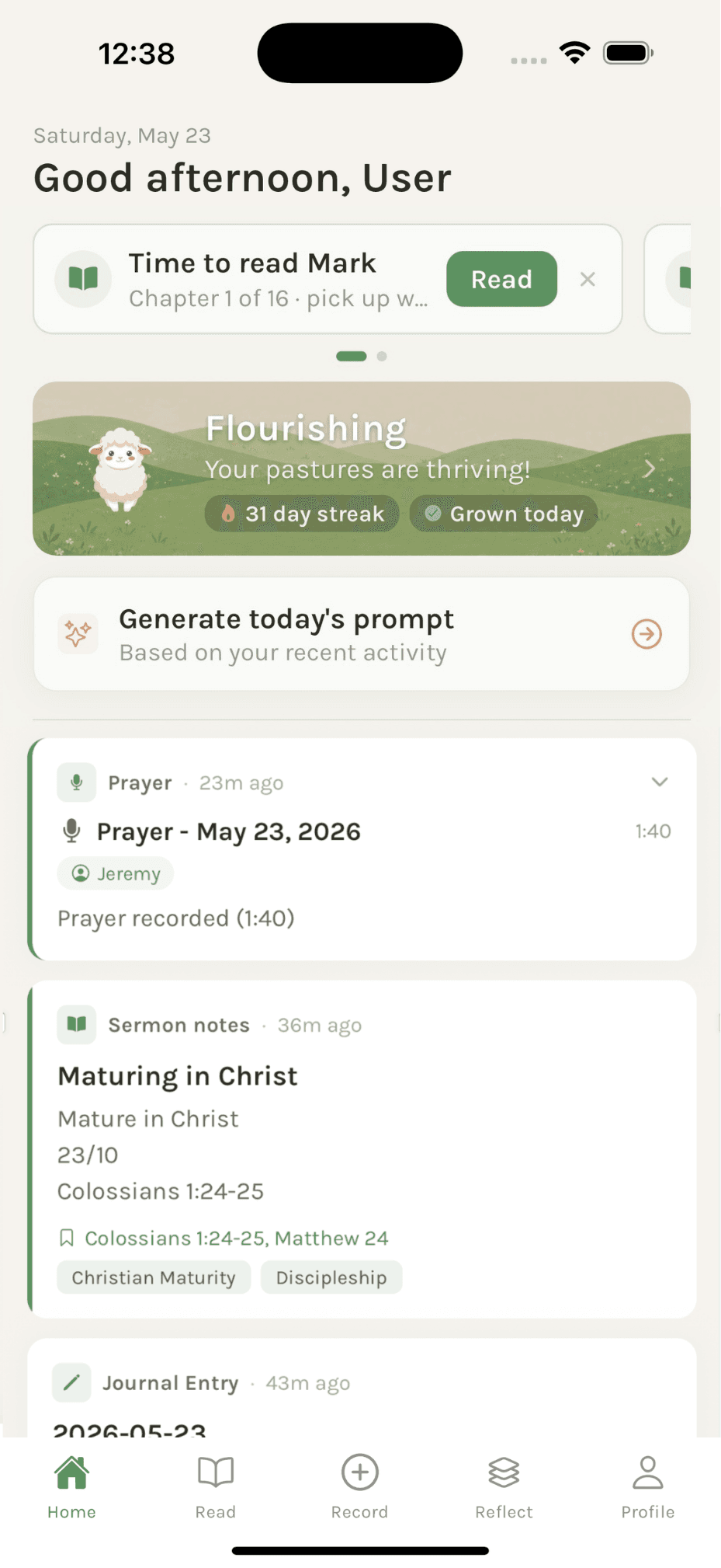 Pastures home screen showing prayer, sermon notes, journal entries, and a prompt action.