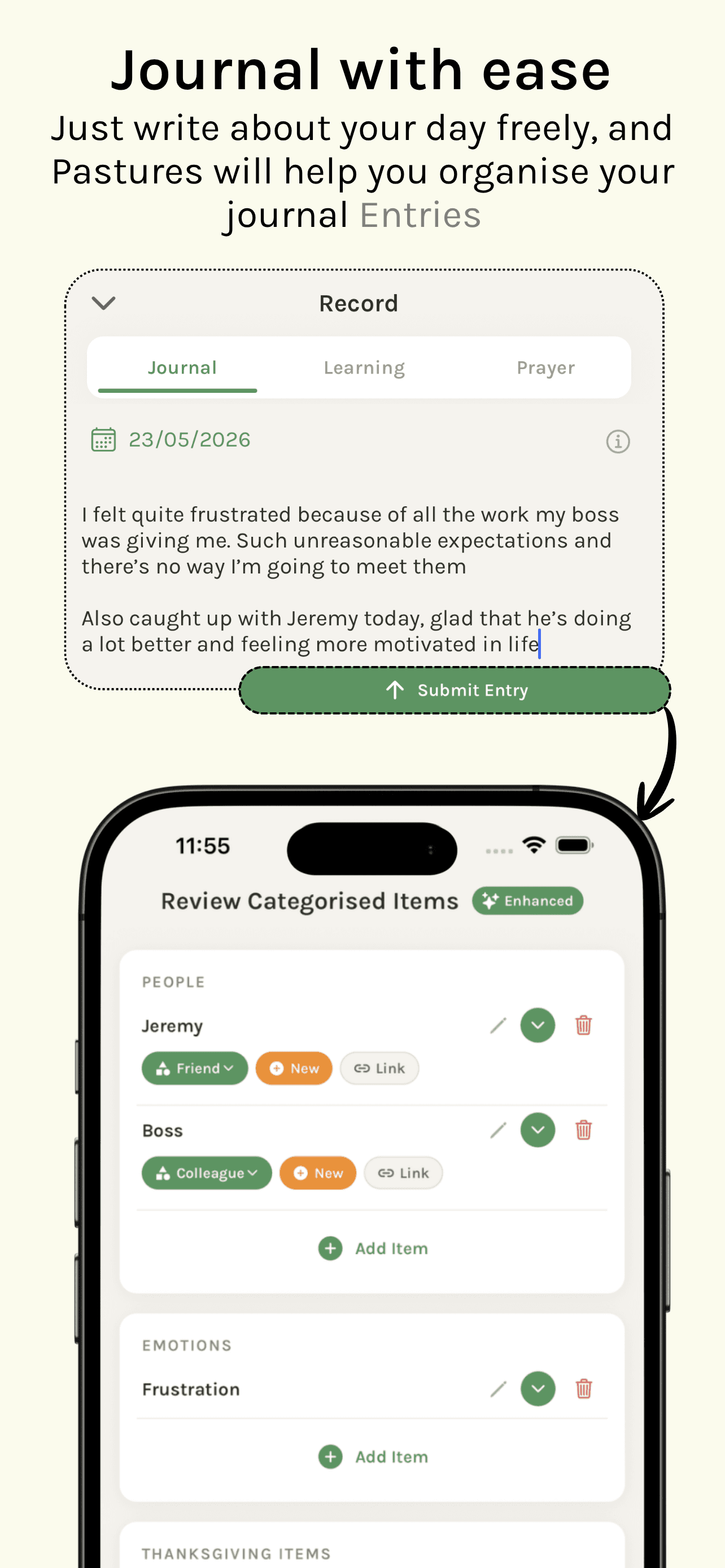 Pastures journal interface for entering reflections.